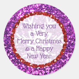 Adesivo Redondo Feliz Natal Glitter Purple e Red Stickers