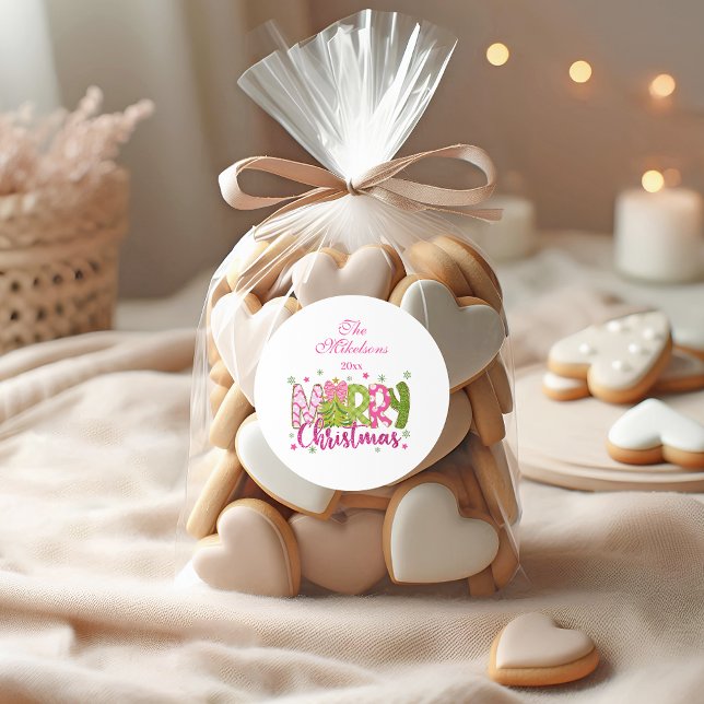 Adesivo Redondo Feliz Natal Glitter Verde Rosa (Criador carregado)