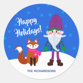 Adesivo Redondo Feliz Natal Gnomo Fox Snowflakes Azul