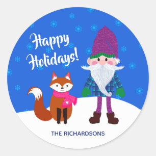 Adesivo Redondo Feliz Natal Gnomo Fox Snowflakes Azul