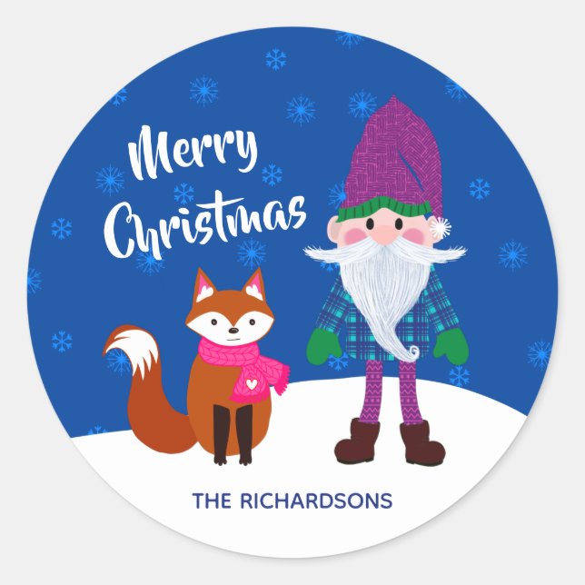 Adesivo Redondo Feliz Natal Gnomo Fox Snowflakes Hora (Frente)