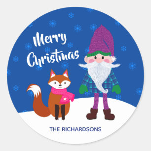 Adesivo Redondo Feliz Natal Gnomo Fox Snowflakes Hora