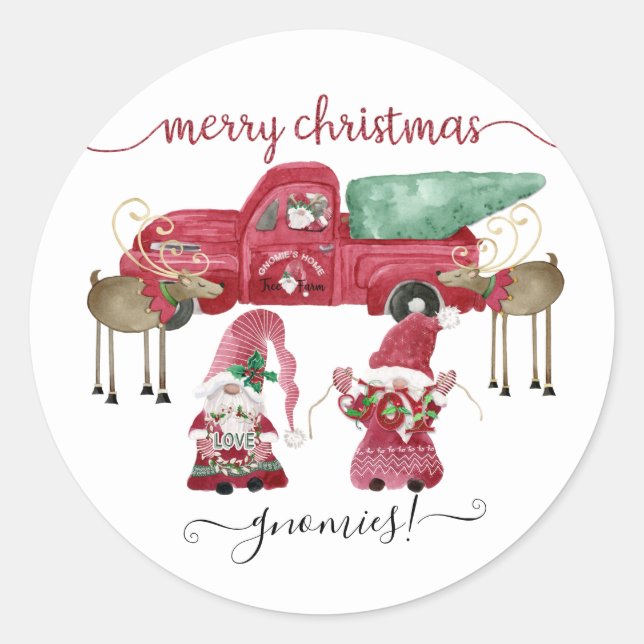 Adesivo Redondo Feliz Natal Gnomo Watercolor Red Truck (Frente)