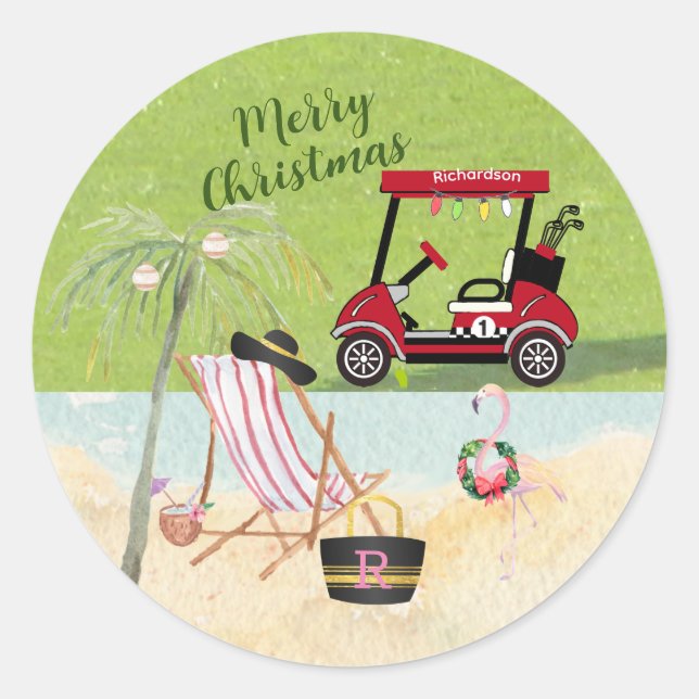 Adesivo Redondo Feliz Natal Golf Cart Beach Monograma Name (Frente)