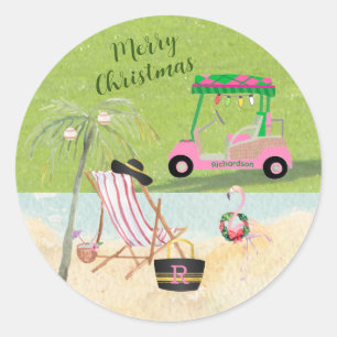 Adesivo Redondo Feliz Natal Golf Cart Beach Monograma Name