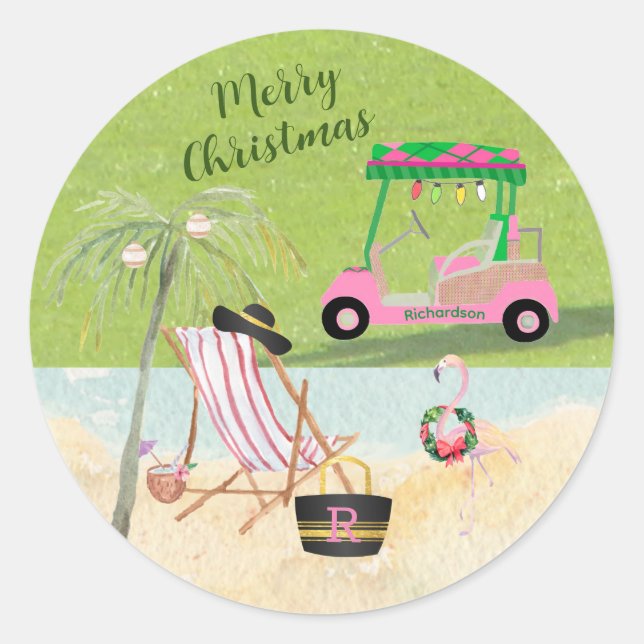 Adesivo Redondo Feliz Natal Golf Cart Beach Monograma Name (Frente)