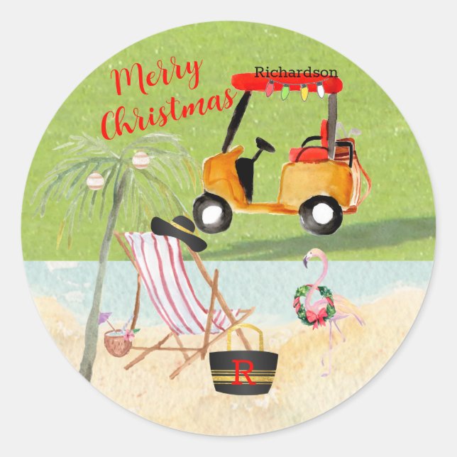 Adesivo Redondo Feliz Natal Golf Cart Beach Monograma Name (Frente)