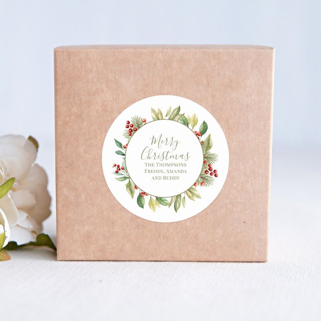 Adesivo Redondo Feliz Natal Greenery Wreath Personalizado (Criador carregado)