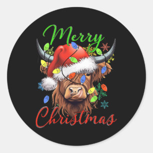 Adesivo Redondo Feliz Natal Highland Cow Western Santa Hat Xma