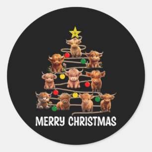 Adesivo Redondo Feliz Natal Highland Cow Western Xmas Tree Paj