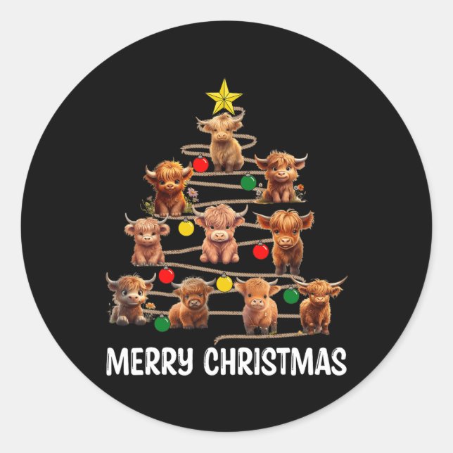 Adesivo Redondo Feliz Natal Highland Cow Western Xmas Tree Paj (Frente)