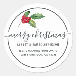 Adesivo Redondo Feliz Natal Holly Berries Novo Endereço