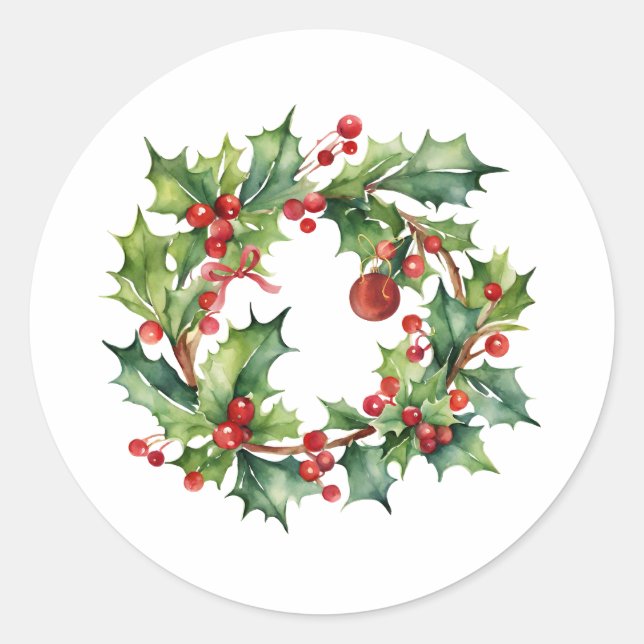 Adesivo Redondo Feliz Natal Holly Berry Wreath (Frente)
