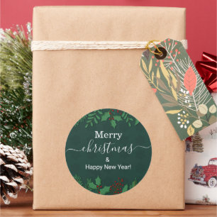 Adesivo Redondo feliz natal holly greenery moderno manuscrito