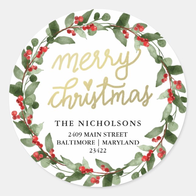 Adesivo Redondo Feliz Natal Holly Wreath | Endereço de devolução (Frente)