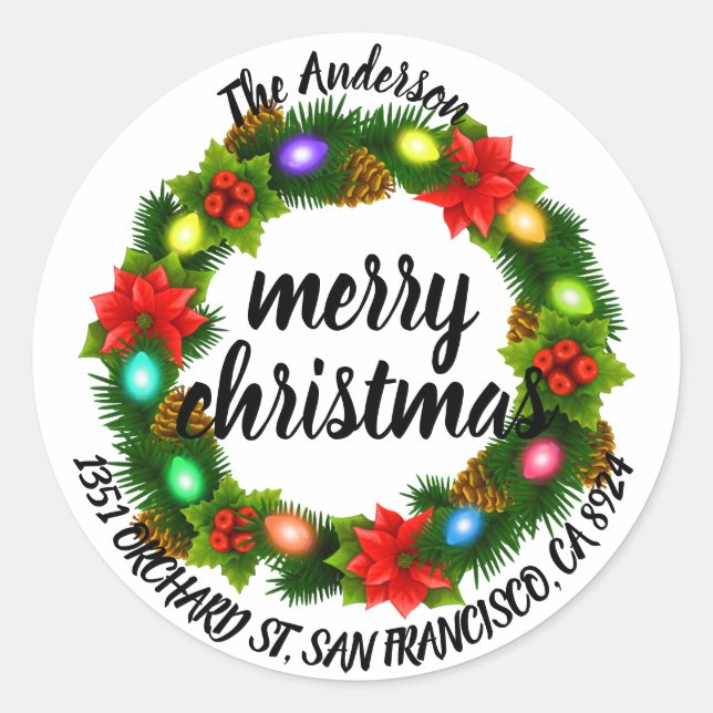 Adesivo Redondo Feliz Natal Holly Wreath Endereço de Devolução (Frente)