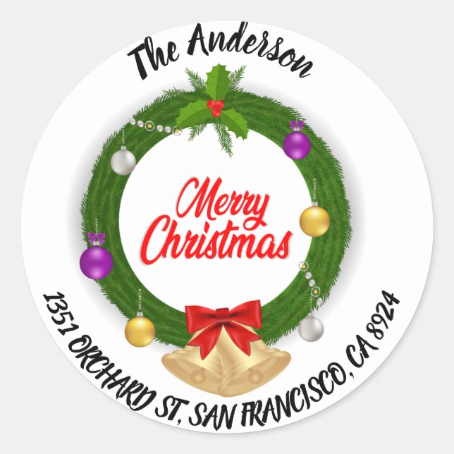 Adesivo Redondo Feliz Natal Holly Wreath Endereço de Devolução (Frente)
