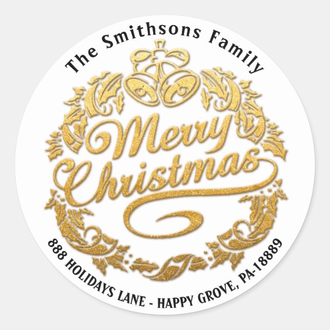 Adesivo Redondo Feliz Natal Holly Wreath RSVP Branco Dourado (Frente)
