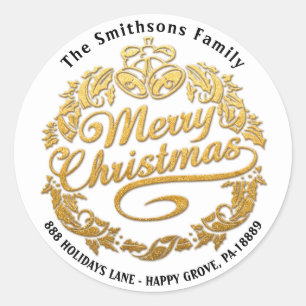 Adesivo Redondo Feliz Natal Holly Wreath RSVP Branco Dourado