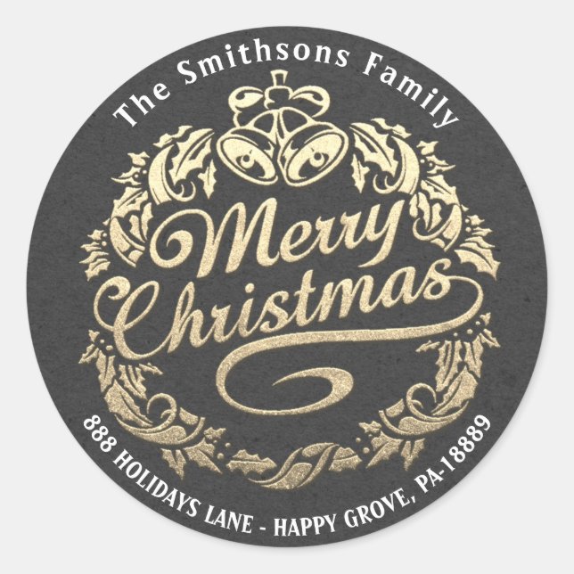 Adesivo Redondo Feliz Natal Holly Wreath RSVP Cinza Dourada Kraft (Frente)