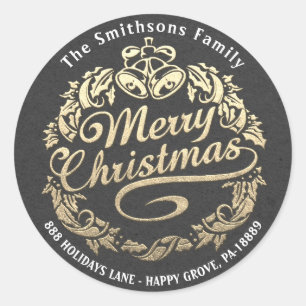 Adesivo Redondo Feliz Natal Holly Wreath RSVP Cinza Dourada Kraft