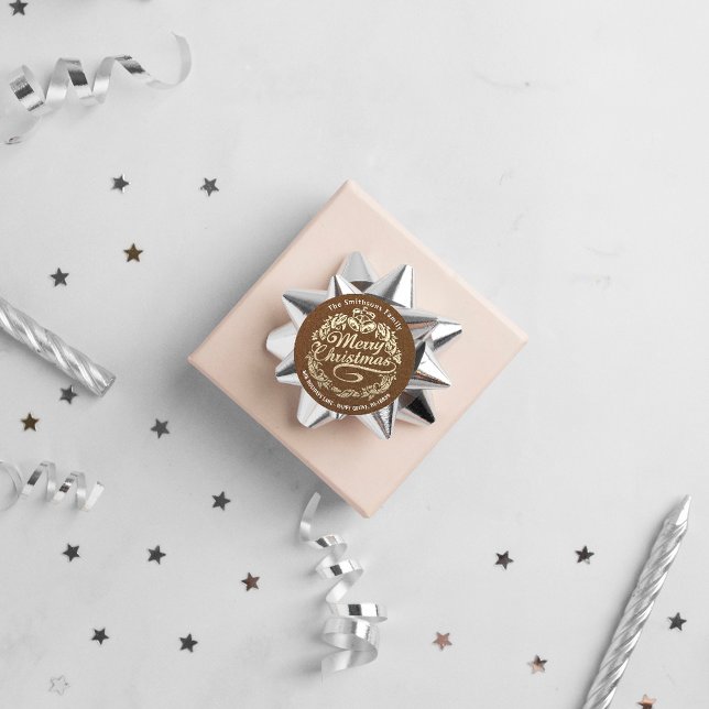 Adesivo Redondo Feliz Natal Holly Wreath RSVP Dourado Kraft Brown (Merry Christmas Holly Wreath RSVP Gold Kraft Brown Classic Round Sticker)