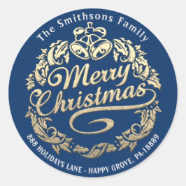 Adesivo Redondo Feliz Natal Holly Wreath RSVP Dourado Royal Blue