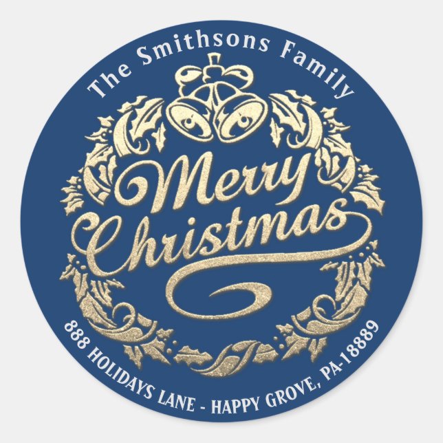 Adesivo Redondo Feliz Natal Holly Wreath RSVP Dourado Royal Blue (Frente)