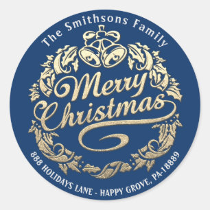 Adesivo Redondo Feliz Natal Holly Wreath RSVP Dourado Royal Blue