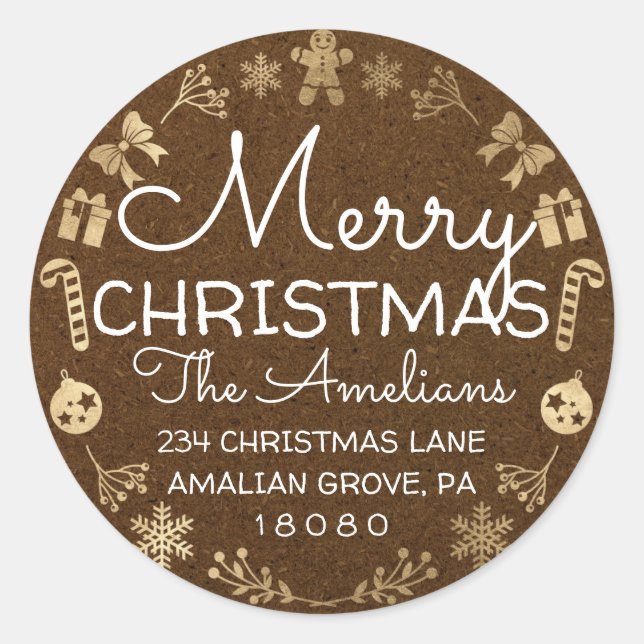 Adesivo Redondo Feliz Natal Holly Wreath RSVP Kraft Brown (Frente)