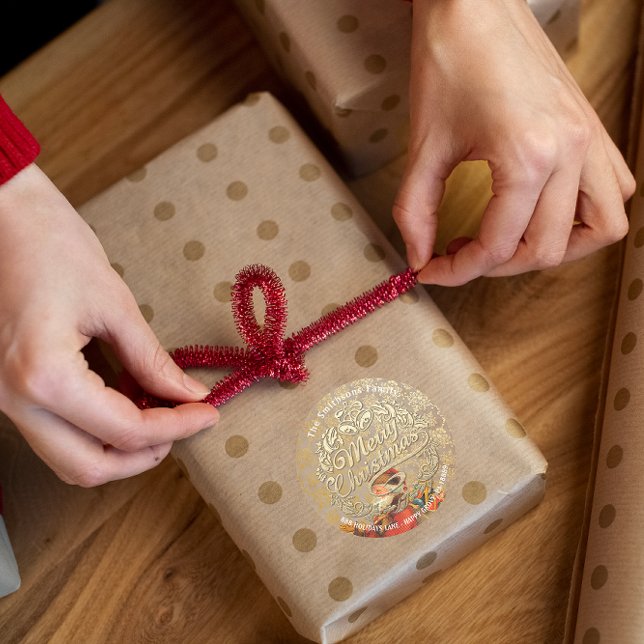 Adesivo Redondo Feliz Natal Holly Wreath RSVP Papais noeis Dourado (Merry Christmas Holly Wreath RSVP Gold Santa Classic Round Sticker)