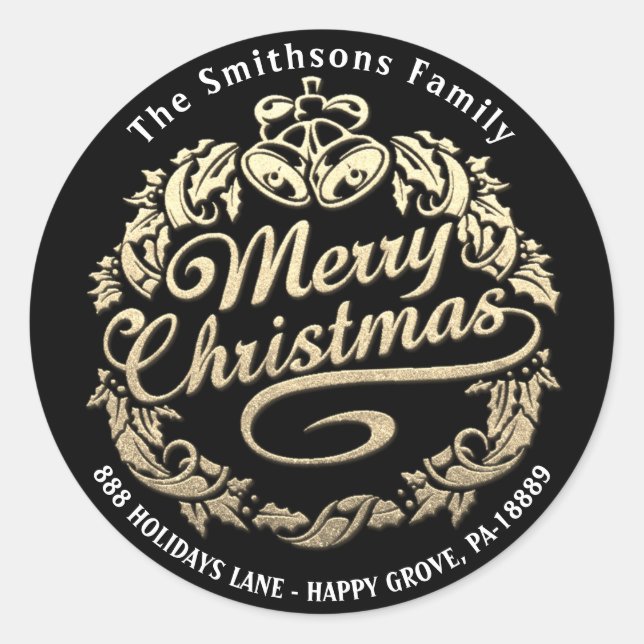 Adesivo Redondo Feliz Natal Holly Wreath RSVP Preto Dourado (Frente)