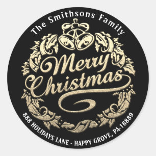 Adesivo Redondo Feliz Natal Holly Wreath RSVP Preto Dourado