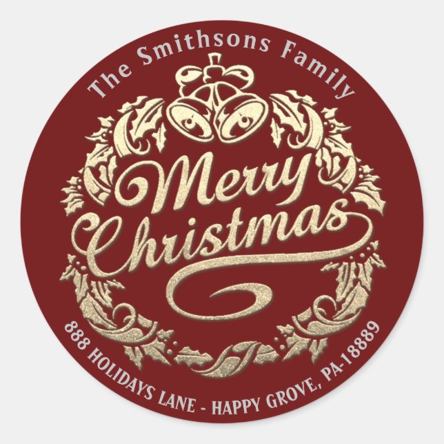 Adesivo Redondo Feliz Natal Holly Wreath RSVP Real Dourado (Frente)