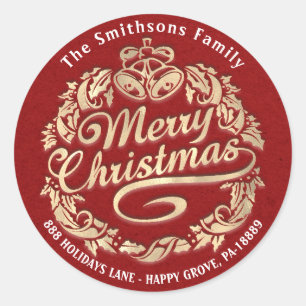 Adesivo Redondo Feliz Natal Holly Wreath RSVP Red Dourada Kraft
