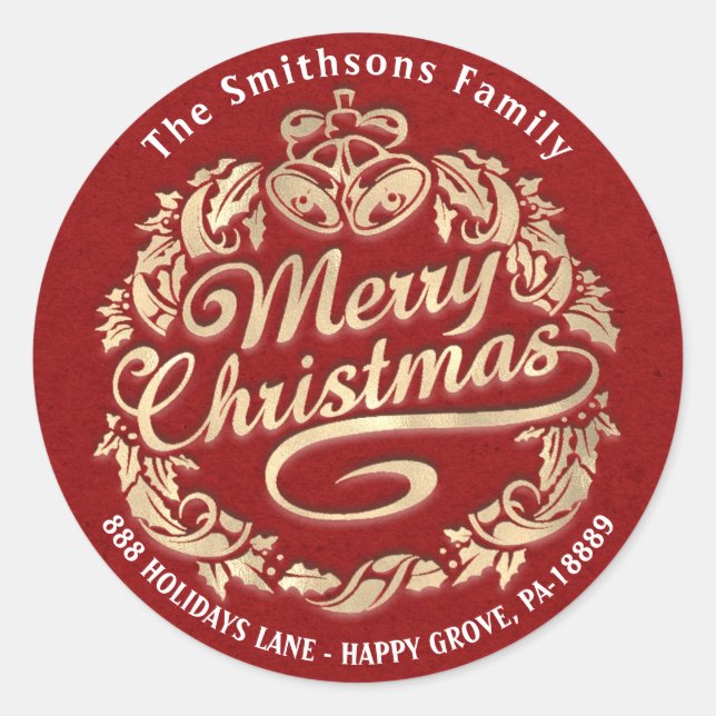 Adesivo Redondo Feliz Natal Holly Wreath RSVP Red Dourada Kraft (Frente)