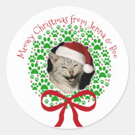 Adesivo Redondo Feliz Natal Impressão de Pata de Gato na Coroa de 