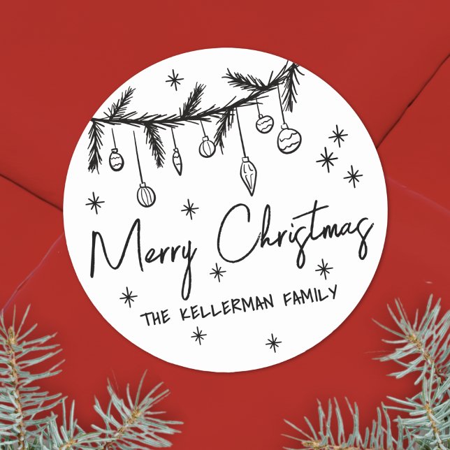 Adesivo Redondo Feliz Natal Impressionante Desenhado à Mão (Hand Drawn Whimsical Merry Christmas Classic Round Sticker)