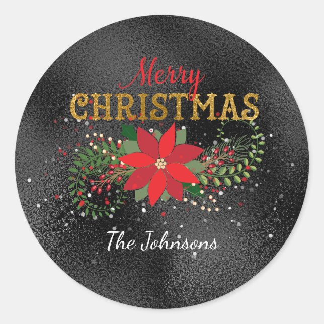 Adesivo Redondo Feliz Natal Inglês Dourado Vidro Negro (Frente)