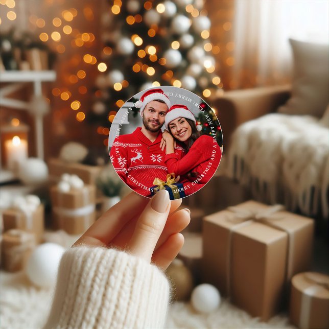Adesivo Redondo Feliz Natal Insira sua foto (Merry Christmas Insert your Photo Classic Round Sticker)