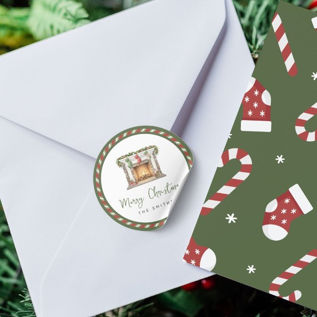 Adesivo Redondo Feliz Natal - Lareira de Natal Aquarela (Criador carregado)