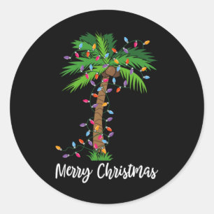 Adesivo Redondo Feliz Natal Lights Palm Tree Beach Xmas Pajama