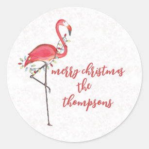 Adesivo Redondo Feliz Natal Luzes de Cordas Flamingas Rosa Rosa Ro