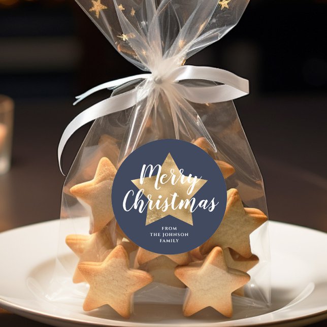 Adesivo Redondo Feliz Natal Marinho Dourado Azul (Merry Christmas Gold Star Navy Blue Classic Round Sticker)