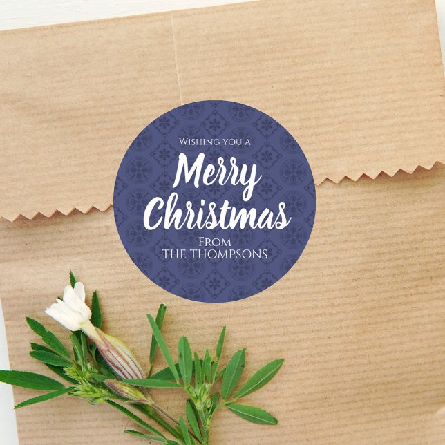 Adesivo Redondo Feliz Natal Marinho Vermelho Azul Floco de Neve Si (Simple navy blue patterned gift label sticker with white calligraphy script. )