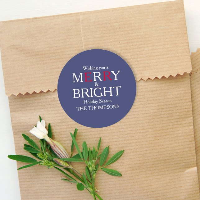 Adesivo Redondo Feliz Natal Marinho Vermelho Azul Simples Minimali (Simple navy-blue gift label sticker with white and red color theme. )