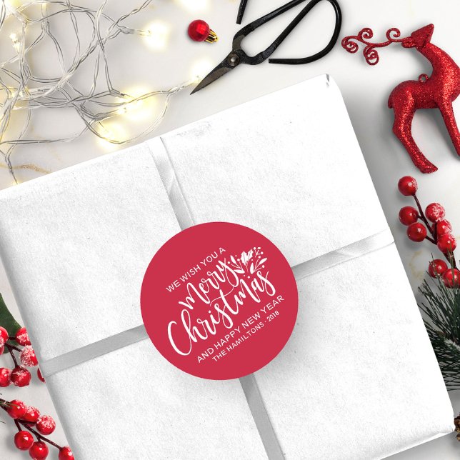 Adesivo Redondo Feliz Natal Moderno Vermelho Branco Script (Criador carregado)