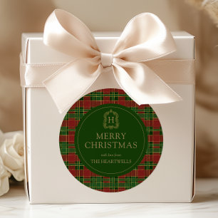 Adesivo Redondo Feliz Natal Monograma Crista Plaid Tartan