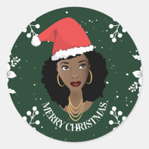 Adesivo Redondo Feliz Natal, Mulher Negra, Chapéu Negra Vermelho, 