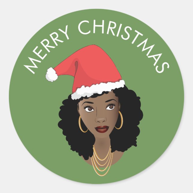 Adesivo Redondo Feliz Natal, Mulher Negra, Chapéu Negra Vermelho,  (Frente)